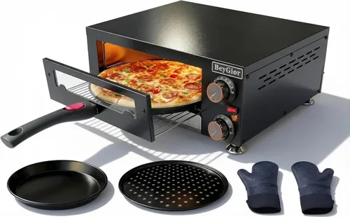 Horno eléctrico para pizza en interiores, máquina de pizza de encimera de 12 pulgadas con ventana de visión, horno de pizza comercial de acero Negro