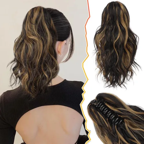 BARSDAR Extensiones de cola de caballo con clip de garra, extensiones de cabello corto ondulado de 14 pulgadas para mujer, extensiones de cabello