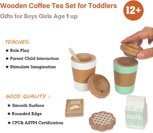 Miniatura 2 de WOODENFUN Juguetes de simulación de taza de café, accesorios de cocina de madera para jugar, comida falsa para jugar para la cocina de los niños