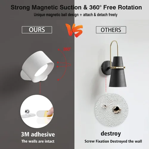 Miniatura 3 de Koopala Apliques LED de pared, lámparas de pared con batería recargable, con 3 brillo, carga extraíble, rotación de 360°, bola magnética, luz