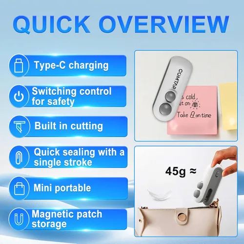 Miniatura 4 de Sellador de bolsas de chips recargable 2 en 1 con cortador, máquina portátil de sellado térmico USB C para chips, herramienta de sellado térmico