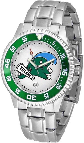 SunTime Reloj de cuarzo de 1.575 in para hombre, correa de acero inoxidable de 0.787 in, esfera Gameday Tulane ola verde