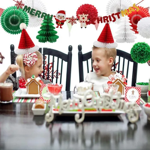 Miniatura 3 de Cartel y pompones de Feliz Navidad, abanicos de papel y faroles para Navidad, decoración de fiestas para Navidad, suministros de fiesta de Año Nuevo