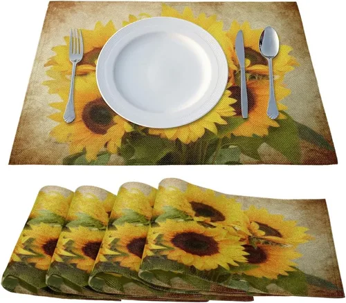 Miniatura 2 de Juego de 6 manteles individuales vintage de girasol, manteles individuales cuadrados de 12 x 18 pulgadas, para mesa de cocina, resistentes al calor