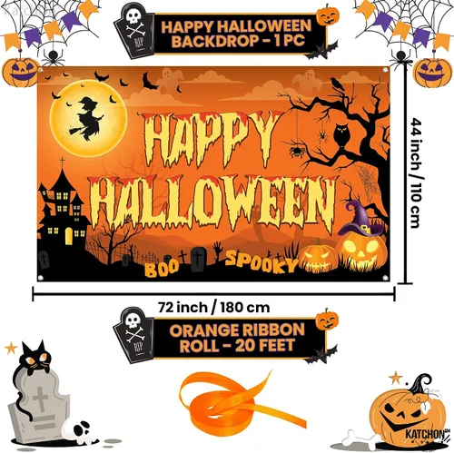 Miniatura 2 de KatchOn Pancarta espeluznante de Feliz Halloween, extragrande, 72 x 44 pulgadas, telón de fondo naranja de fotos de Halloween para decoraciones
