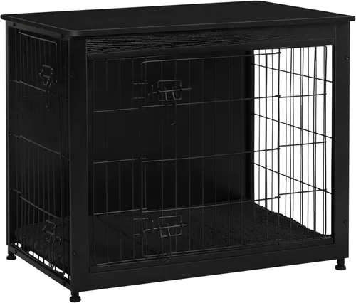 Miniatura 20 de DWANTON Mueble de jaula para perros con cojín, mesa de madera para perros con puertas dobles, casa de perro de interior, tamaño pequeño, mediano