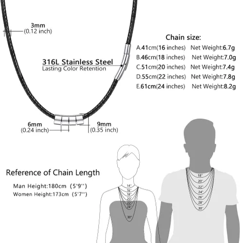 Miniatura 44 de PROSTEEL Collar de cuero impermeable para hombre, 0.079 in/0.118 in, 16 a 30 pulgadas, con cierre de acero inoxidable, cadena de bricolaje