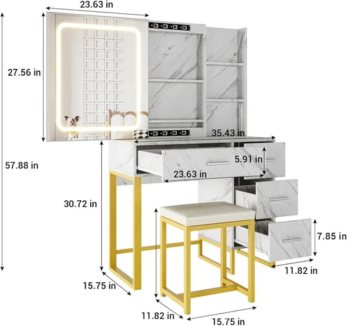 Miniatura 2 de GAOMON Escritorio de tocador grande de 57'' con espejo y luces, mesa de tocador de maquillaje con estación de carga, 3 modos de iluminación