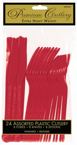 Juego de cubiertos surtidos de plástico rojo manzana (24 piezas) – Utensilios duraderos y elegantes, perfectos para fiestas, eventos y uso diario