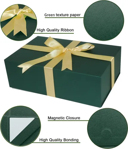 Miniatura 4 de YINUOYOUJIA Cajas de regalo grandes verdes con tapa, caja de regalo magnética de 14 x 9 x 4.5 pulgadas con cinta, tarjetas y sobres para regalos