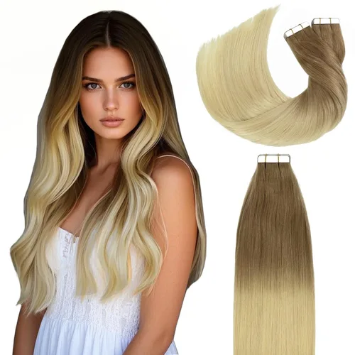 Miniatura 13 de Lacer Extensiones de cabello humano con cinta, cabello humano castaño mezclado con marrón oscuro con raíces de color marrón oscuro, invisible