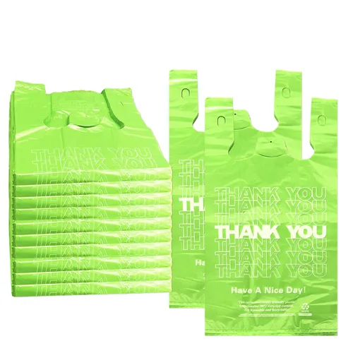 Miniatura 9 de YoYoRain 100 unidades de bolsas de camiseta “Gracias” – Bolsas de plástico verdes para compras con asas, para venta al por menor, abarrotes
