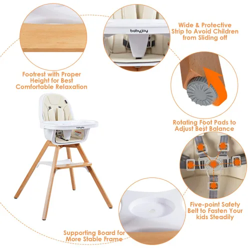 Miniatura 6 de BABY JOY Silla alta 3 en 1, silla alta convertible Baby Eat & Grow de madera, silla mecedora, asiento elevador, sillas de comedor para bebés