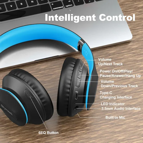 Miniatura 7 de Auriculares Bluetooth inalámbricos con micrófono, cubren las orejas, 65H de tiempo de reproducción, auriculares estéreo HiFi con modos 6EQ, Azul