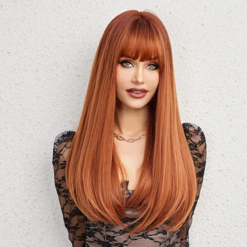Miniatura 3 de HAIRCUBE Peluca Auburn con Flequillo Cabello Largo con Flequillo Cabello Rojo Apariencia Natural Resistente al Calor Peluca Sintética Juego Diario