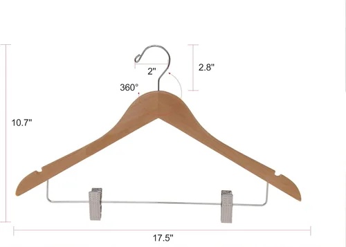 Miniatura 7 de Perchas de madera de calidad para faldas con clips, paquete de 80 perchas naturales para pantalones con clips de metal cromado ajustables, gancho