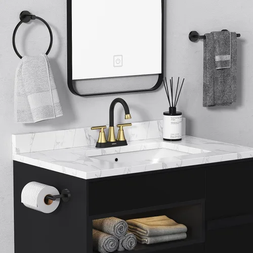 Miniatura 7 de Grifos de baño para lavabo de 3 orificios, Hurran grifo de lavabo de baño de 4 pulgadas en negro y dorado con desagüe emergente y mangueras