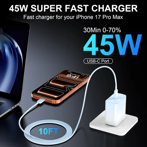 Miniatura 4 de Cargador para teléfono 16 Pro Max de carga rápida, 45 W USB C i-Phone 16 Bloque de carga súper rápido con cable de carga tipo C de 10 pies de largo