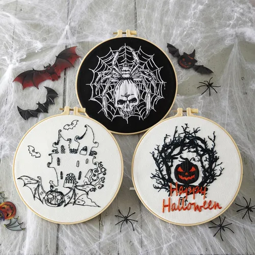 Miniatura 2 de Armindou Kit de bordado de Halloween para principiantes y adultos, kit de punto de cruz estampado para adultos principiantes, kit de bordado a mano