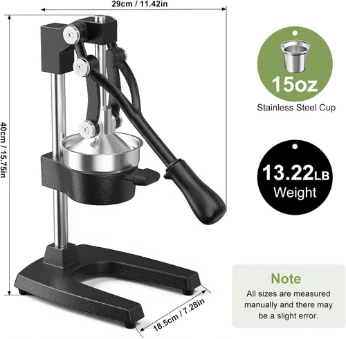 Miniatura 2 de Exprimidor manual de hierro fundido, exprimidor de mano comercial con taza de acero inoxidable, exprimidor manual de alta resistencia, prensa
