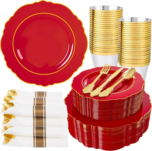 Miniatura 10 de Liacere 350 platos de plástico dorados, platos desechables blancos y dorados, vajilla de plástico barroco para 50 invitados, incluye 100 platos, 50