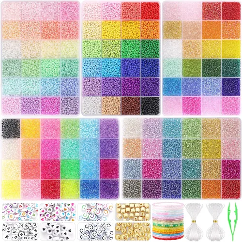 Funtopia 34000+ piezas Cuentas de semilla de 3 mm para hacer joyas, 5 tipos 120 colores Pequeñas cuentas de vidrio para pulseras, Kit de pulsera de