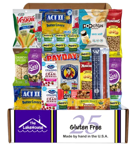 LakeHouse - 25 aperitivos sin gluten, paquete variado de aperitivos saludables aptos para celíacos de calidad para niños y adultos, caja de