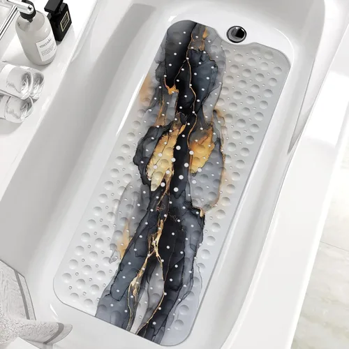 Tapete de baño antideslizante con diseño de mármol negro, blanco y dorado, tapete de baño antideslizante para ducha, tapete de ducha grande lavable