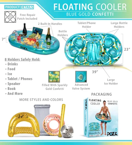 Miniatura 3 de POZA Hielera flotante inflable dorada – Lujoso soporte para bebidas relleno de confeti brillante, flotador de fiesta premium con 8 soportes, barra