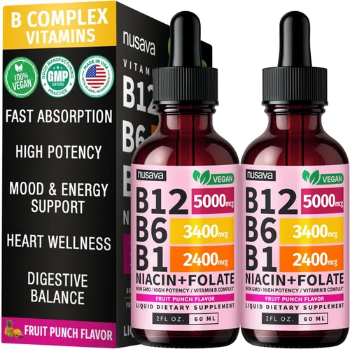 Paquete de (2) Gotas líquidas de vitamina B12 y B6, vitamina B compleja sublingual B12 - Vitamina B 12 5000 mcg - Metilcobalamina B12 para energía,