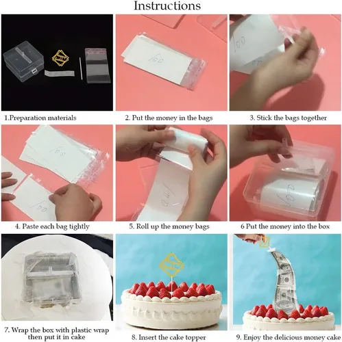 Miniatura 4 de Kit de extracción de dinero, caja de dinero de cumpleaños con 1 adorno para pastel de cumpleaños y 20 bolsas transparentes conectadas, decoración