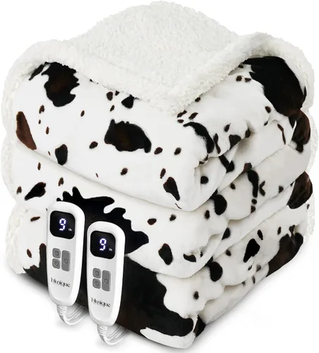 Miniatura 31 de Manta térmica con estampado de vaca, manta eléctrica, manta térmica con 10 niveles de calor y 10 horas de apagado automático, acogedora y suave