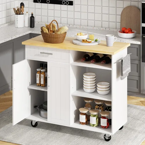 Miniatura 10 de SUNLEI Carrito de isla de cocina con ruedas con armario de almacenamiento y cajón, mesa de cocina con ruedas de 26 pulgadas de ancho, asa