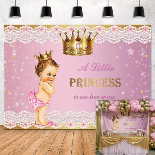 Miniatura 8 de Telón de fondo de princesa para baby shower para niña, 8 x 6 pies, corona dorada, encaje rosa, fondo de fotografía con texto en inglés "A Little