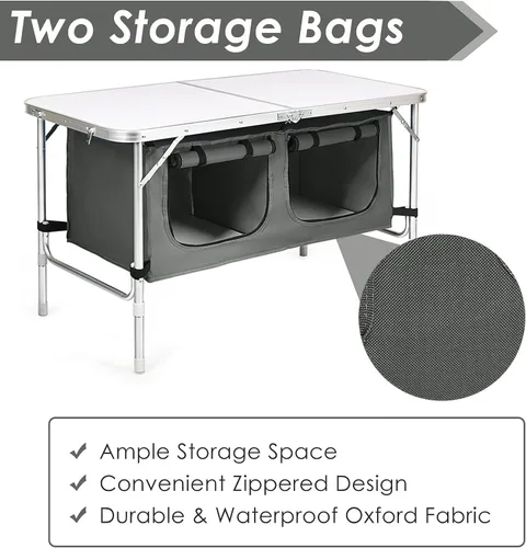 Miniatura 6 de GYMAX Mesa de campamento plegable con almacenamiento, mesa plegable de aluminio portátil de altura ajustable, mesa de cocina ligera para campamento