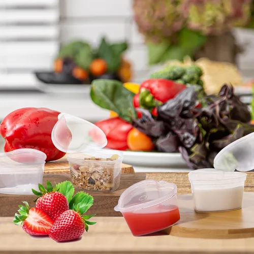 Miniatura 3 de 50 tazas de salsa desechables con tapas, vasos de plástico en forma de corazón de gelatina de 1.5 onzas, recipientes transparentes para aderezo
