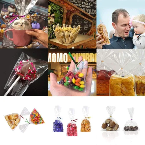 Miniatura 3 de 100 bolsas de celofán transparente, bolsas de plástico de 4 x 6 pulgadas con amarres de 4 pulgadas y 5 colores diferentes. Bolsas para regalos