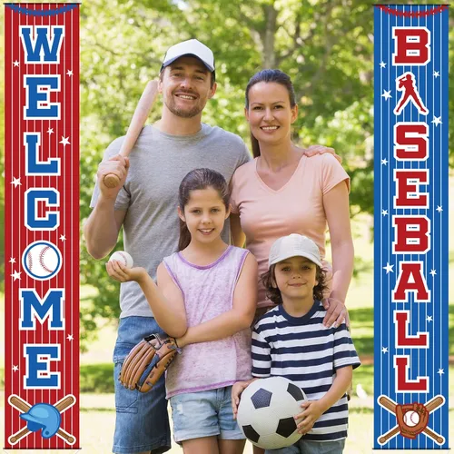 Miniatura 5 de Decoraciones de fiesta de béisbol con temática de béisbol, letrero de porche de cumpleaños, cartel colgante para puerta de béisbol, deportes