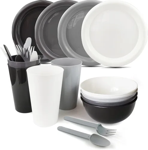 Miniatura 8 de Juego de platos y cuencos de plástico, platos esenciales para dormitorio universitario, platos de campamento, accesorios de vajilla, kit de Gris