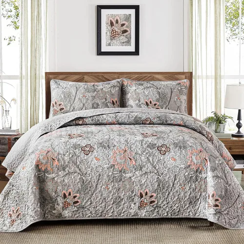 Miniatura 13 de WONGS BEDDING Juego de colcha tamaño Queen, juego de ropa de cama con estampado botánico negro, 3 piezas, colcha floral con 2 fundas de almohada