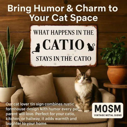 Miniatura 7 de Cartel de metal con diseño de hojalata de amante de gatos, "What Happens In The Catio Stays In The Catio", cartel divertido para casa de gatos