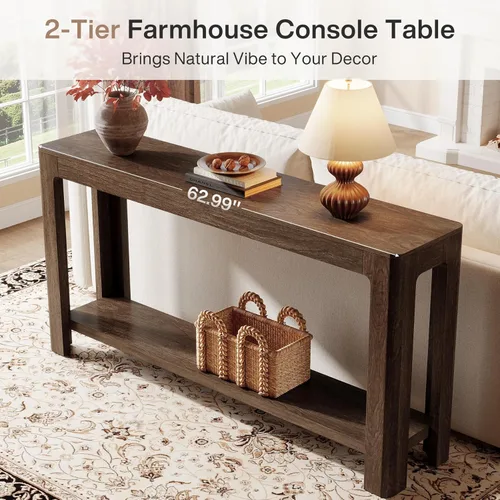 Miniatura 8 de Tribesigns - Mesa de consola de entrada de 63 pulgadas, mesa de sofá de 2 niveles estilo granja estrecha detrás del sofá, mueble de consola