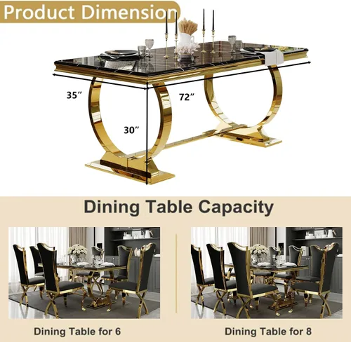 Miniatura 6 de Asday Mesa de comedor negra y dorada, mesa de comedor de lujo de 70 pulgadas con base en U de metal de acero inoxidable dorado para 4-8