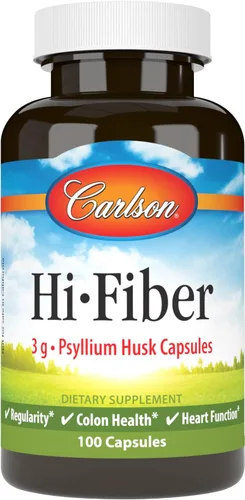 Carlson - Hi-Fiber, 0.11 oz, Cápsulas de cáscara de psyllium, regularidad, salud del colon y función cardíaca, 100 cápsulas