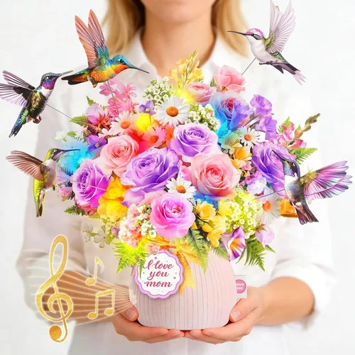Miniatura 12 de MZD8391 Tarjetas de cumpleaños con música y luces, tarjeta de feliz cumpleaños, oso y margarita, ramo de flores de tamaño natural de 10 pulgadas