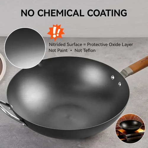 Miniatura 4 de WANGYUANJI Wok de Hierro, Woks de 14.2 Pulgadas para Saltear, Sartén China sin Recubrimiento, Olla de Hierro Tradicional de Fondo Plano