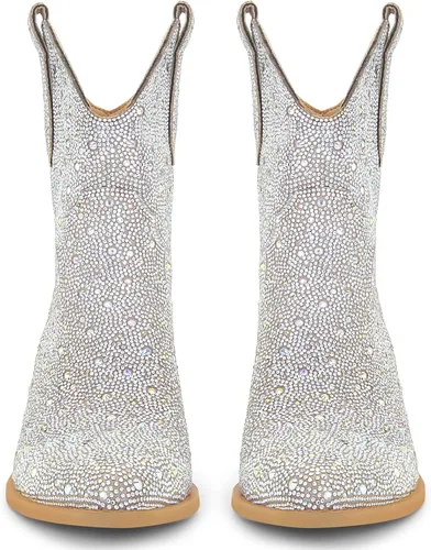 Miniatura 5 de STALOV Botas vaqueras cosidas para mujer, punta puntiaguda, tacón bajo y grueso, botas vaqueras occidentales bordadas
