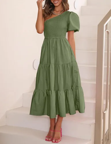 Miniatura 5 de Chriselda Vestido casual de manga corta con un hombro fruncido para mujer, cintura alta, con volantes, vestido midi para fiesta