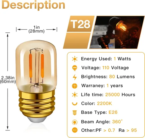 Miniatura 2 de Bombillas LED ámbar E26 de 1 W, T28 Mini Edison tubo lámpara de 2200 K cálidas, equivalente a 10 W, bombilla decorativa de repuesto no regulable