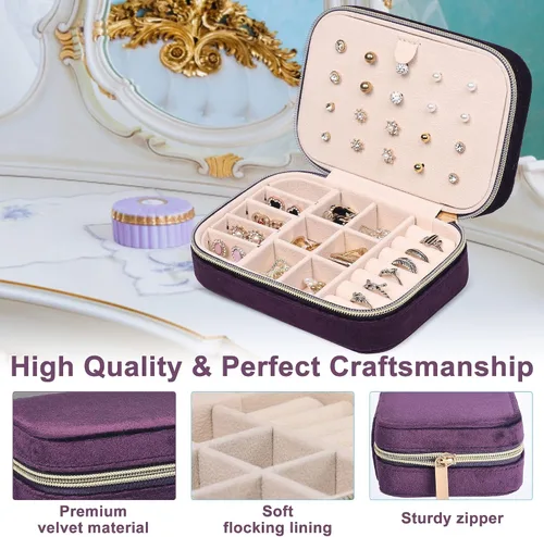 Miniatura 4 de Dajasan Mini estuche de joyería de viaje, pequeña caja organizadora de joyas de viaje, caja de regalo de joyería de terciopelo para mujeres y niñas